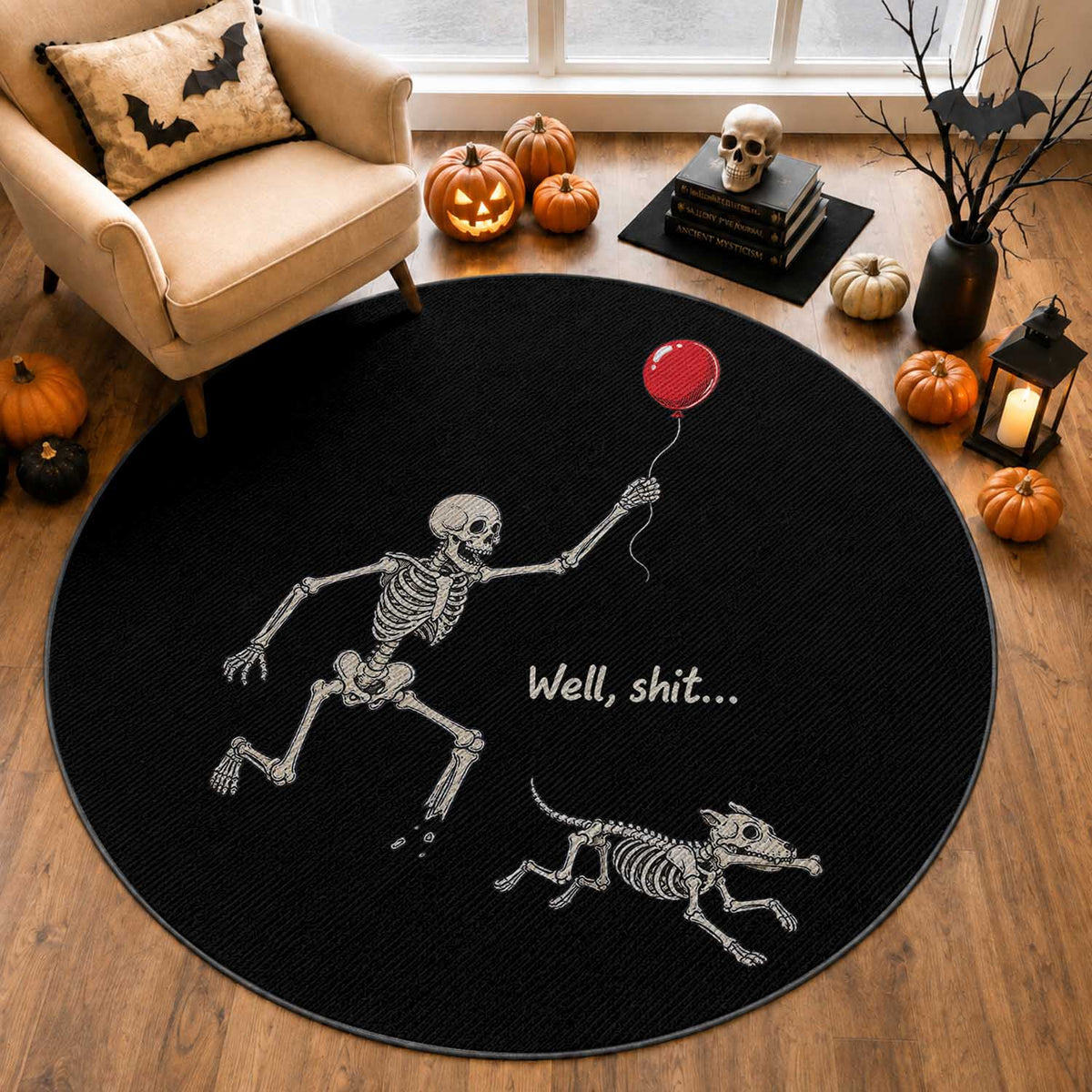 Well Shit Skeleton Lost Balloon Dog Gothic Halloween Round Rug