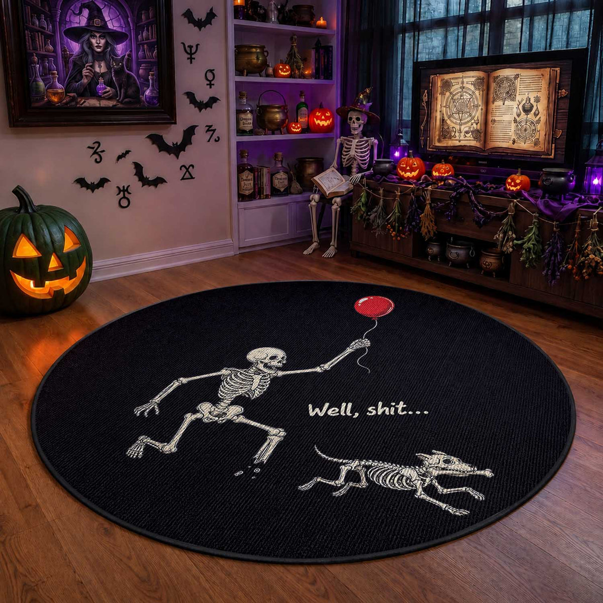 Well Shit Skeleton Lost Balloon Dog Gothic Halloween Round Rug