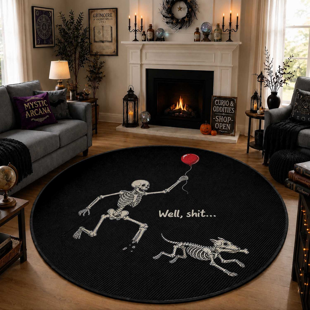 Well Shit Skeleton Lost Balloon Dog Gothic Halloween Round Rug