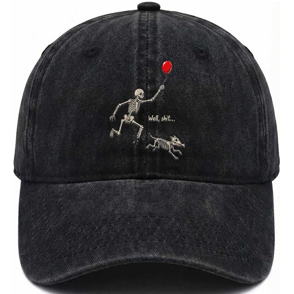 Well Shit Skeleton Lost Balloon Dog Gothic Halloween Washed Cotton Baseball Cap