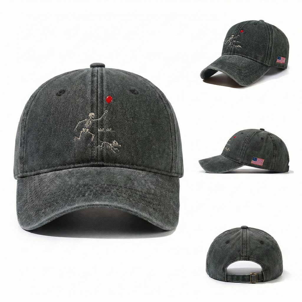 Well Shit Skeleton Lost Balloon Dog Gothic Halloween Washed Cotton Baseball Cap