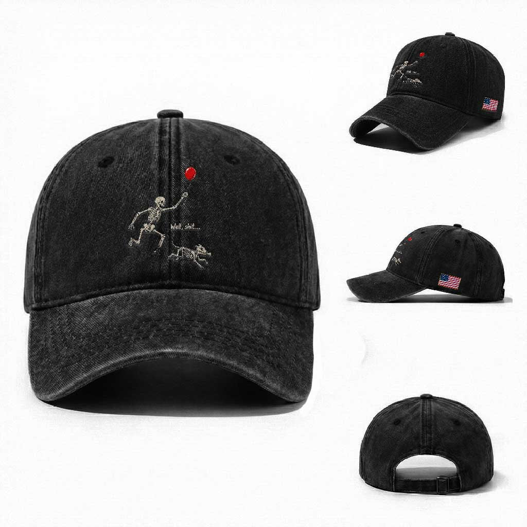 Well Shit Skeleton Lost Balloon Dog Gothic Halloween Washed Cotton Baseball Cap