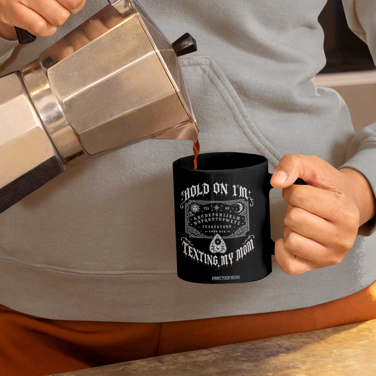 Hold On I Am Texting My Mom Gothic Halloween Coffee Mug Funny Talking board