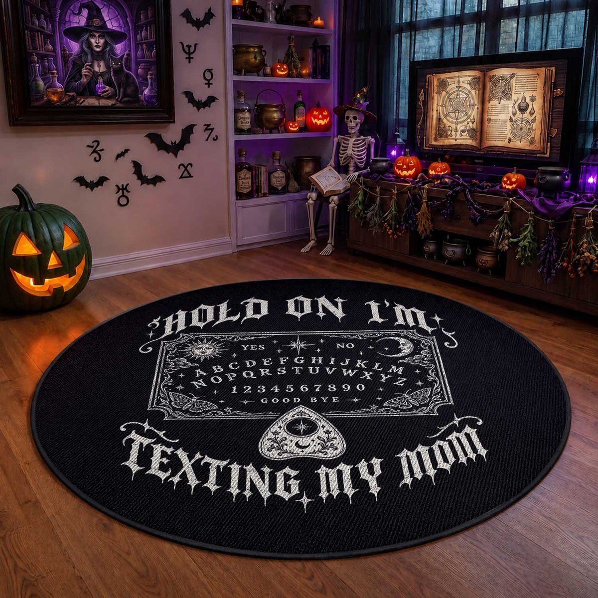 Hold On I Am Texting My Mom Gothic Halloween Round Rug Funny Talking board
