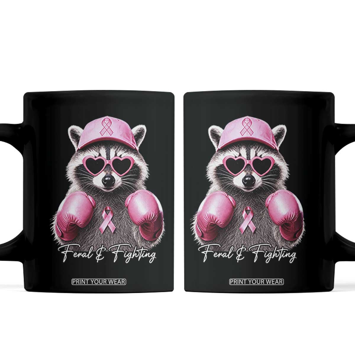 Raccoon Breast Cancer Awareness Coffee Mug Feral And Fighting Pink Boxing