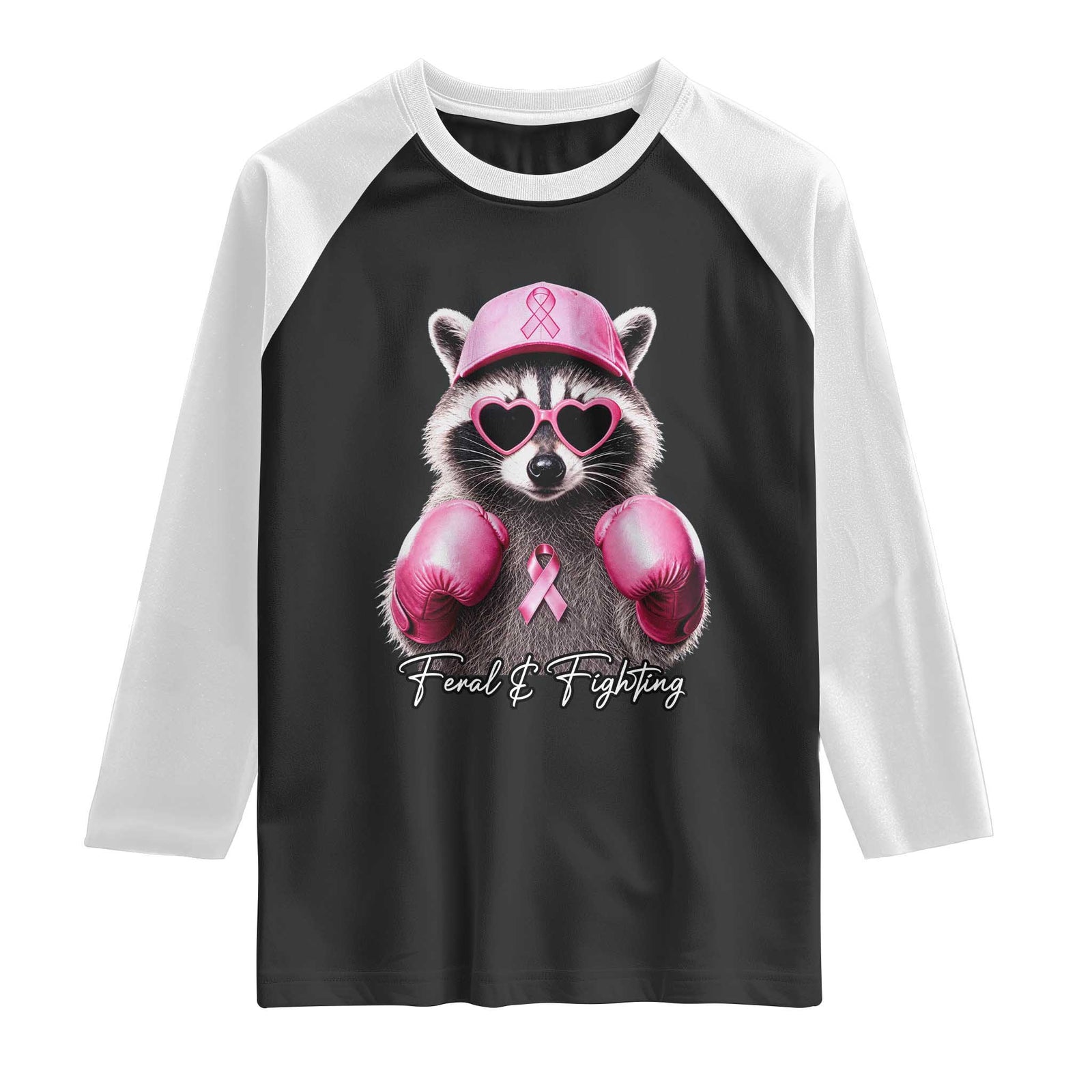 Raccoon Breast Cancer Awareness Raglan Shirt Feral And Fighting Pink Boxing