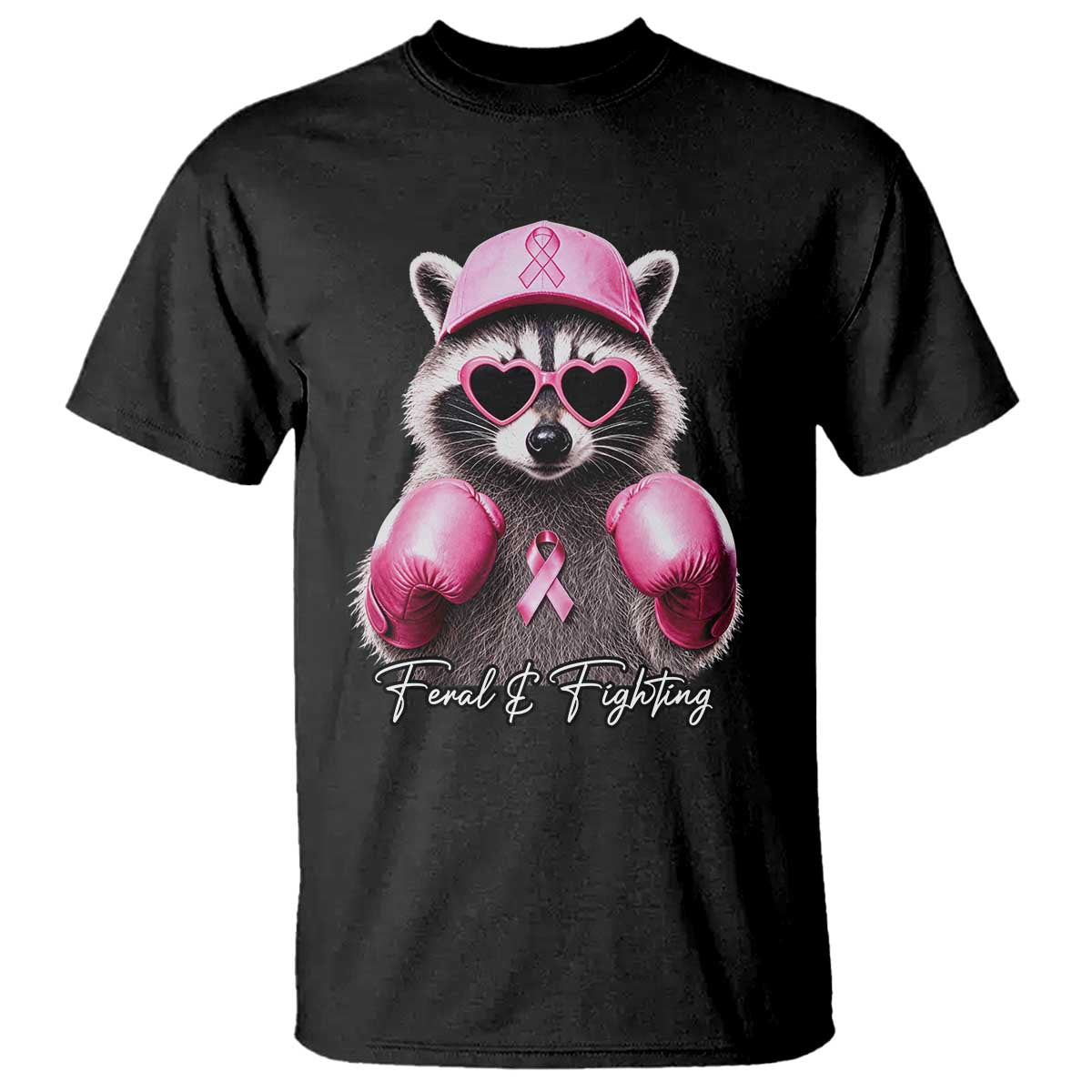 Raccoon Breast Cancer Awareness T Shirt Feral And Fighting Pink Boxing