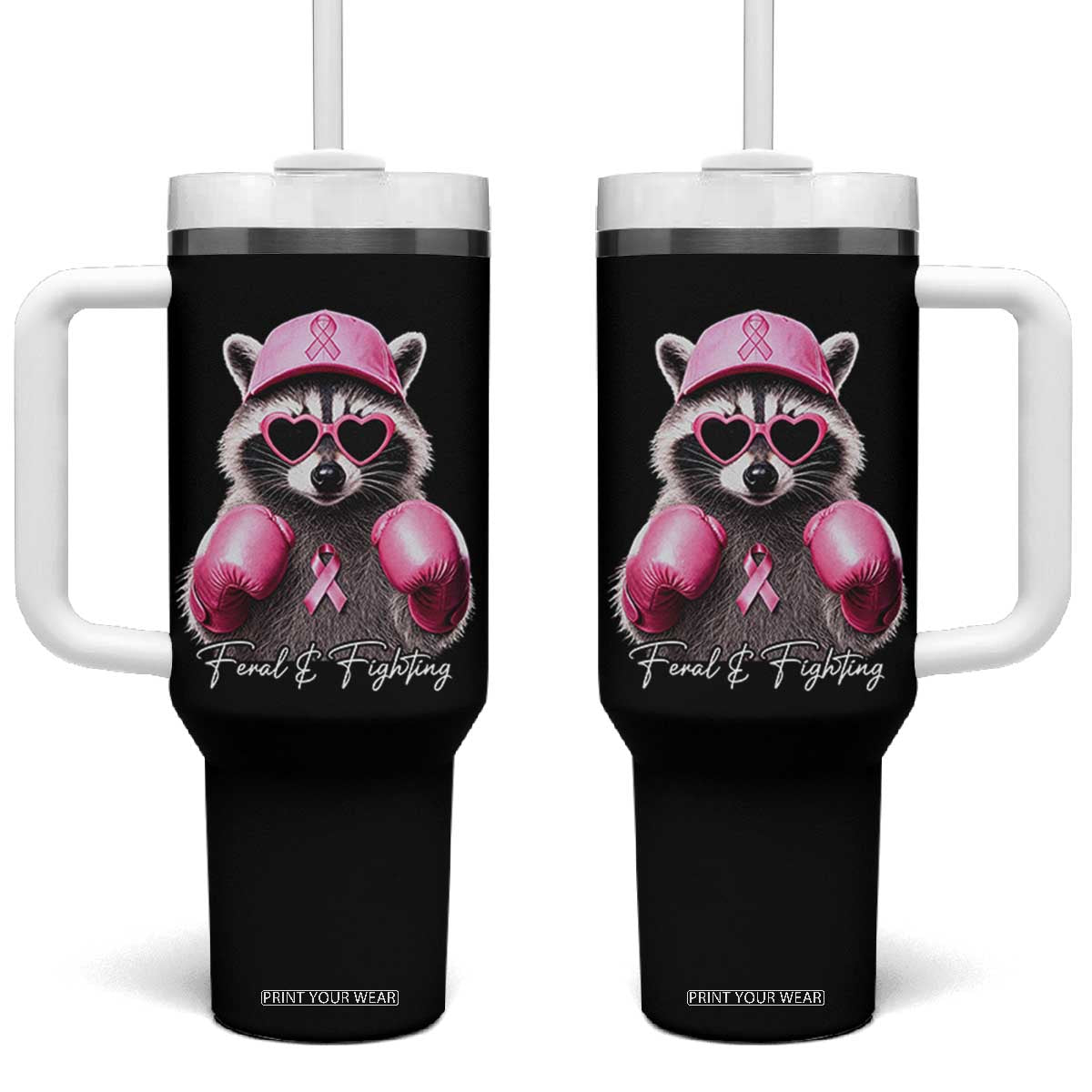 Raccoon Breast Cancer Awareness Tumbler With Handle Feral And Fighting Pink Boxing