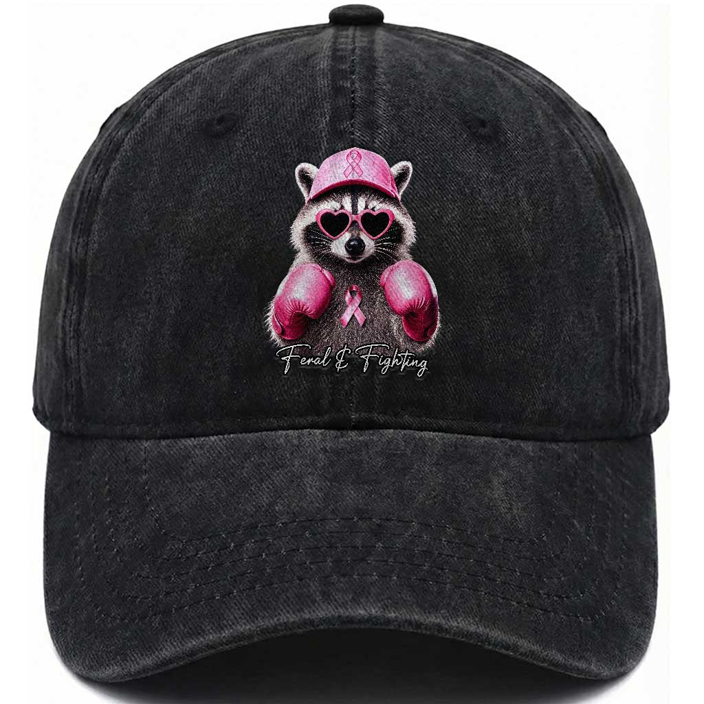 Raccoon Breast Cancer Awareness Washed Cotton Baseball Cap Feral And Fighting Pink Boxing