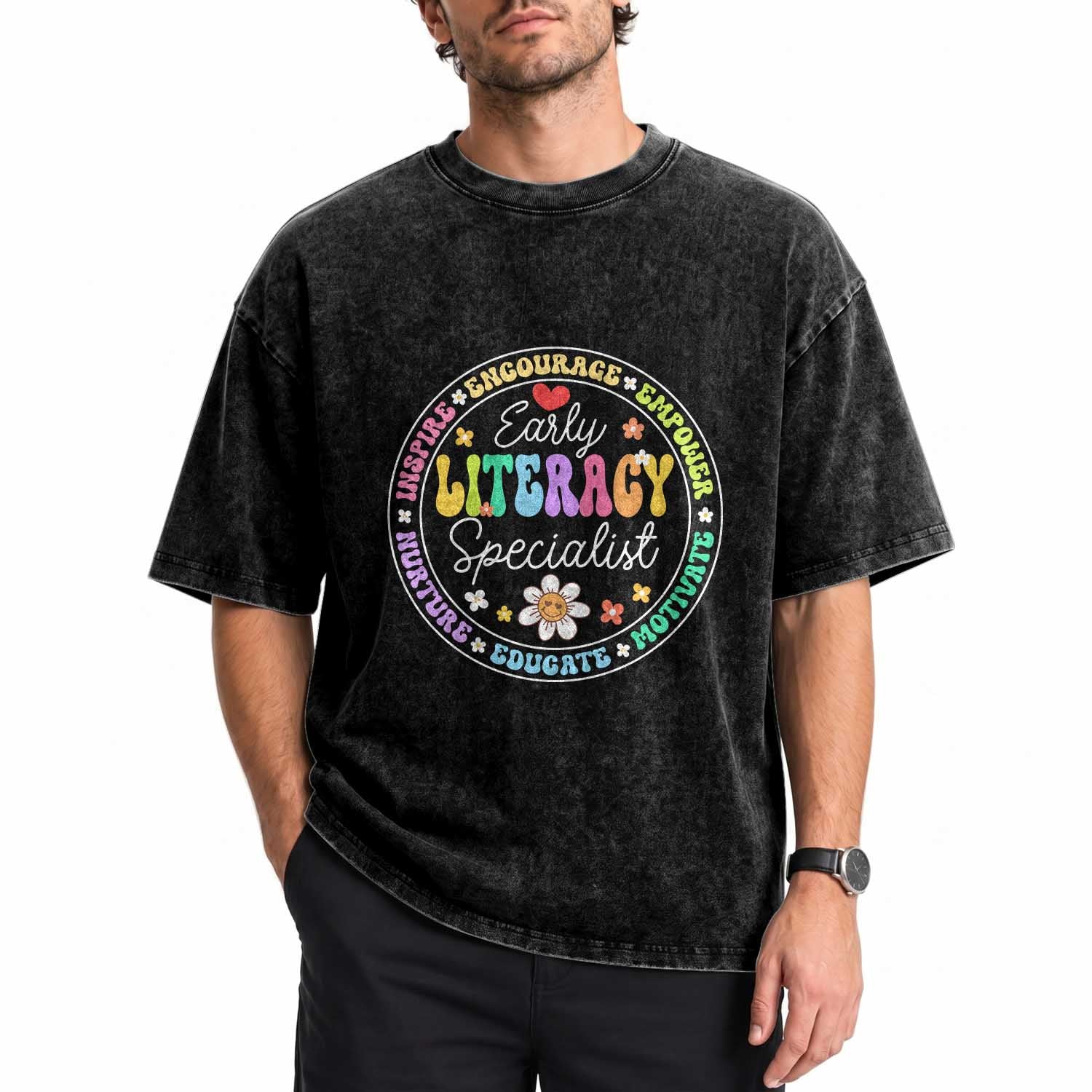 Early Literacy Specialist Washed Cotton T-Shirt Reading Dyslexia Awareness Month