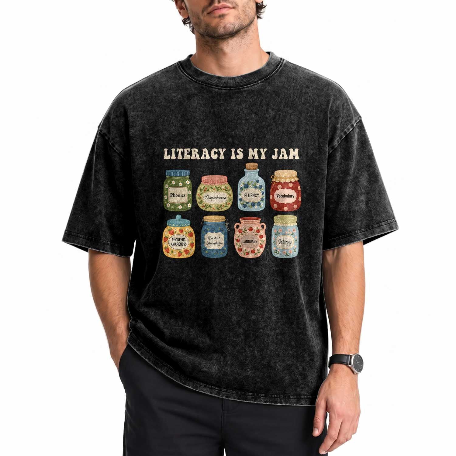 Literacy Is My Jam Washed Cotton T-Shirt SPED Teacher Special Education Life Dyslexia Reading