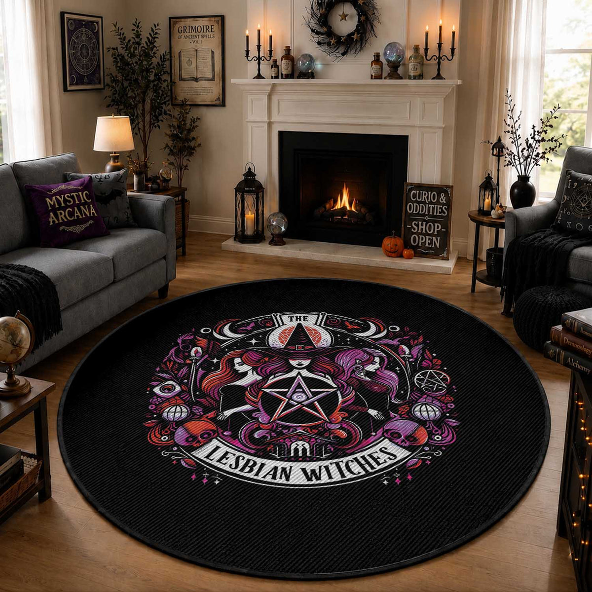 Halloween LGBT Round Rug The Lesbian Witches Pride Flag Pentagram
