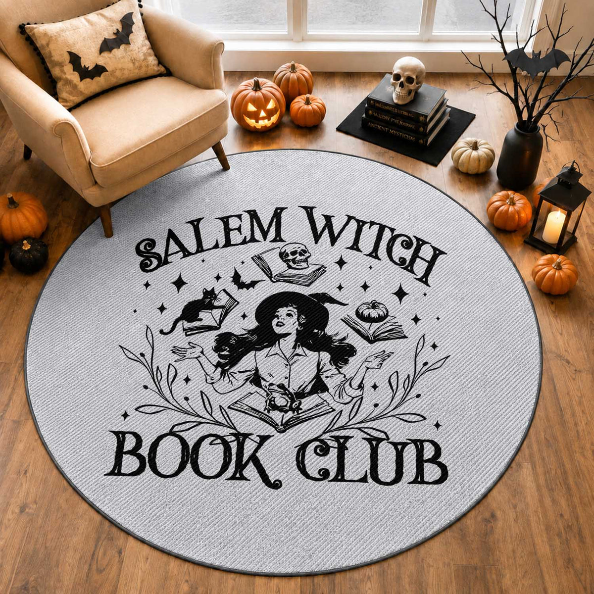 Halloween Bookish Round Rug Salem Witch Book Club
