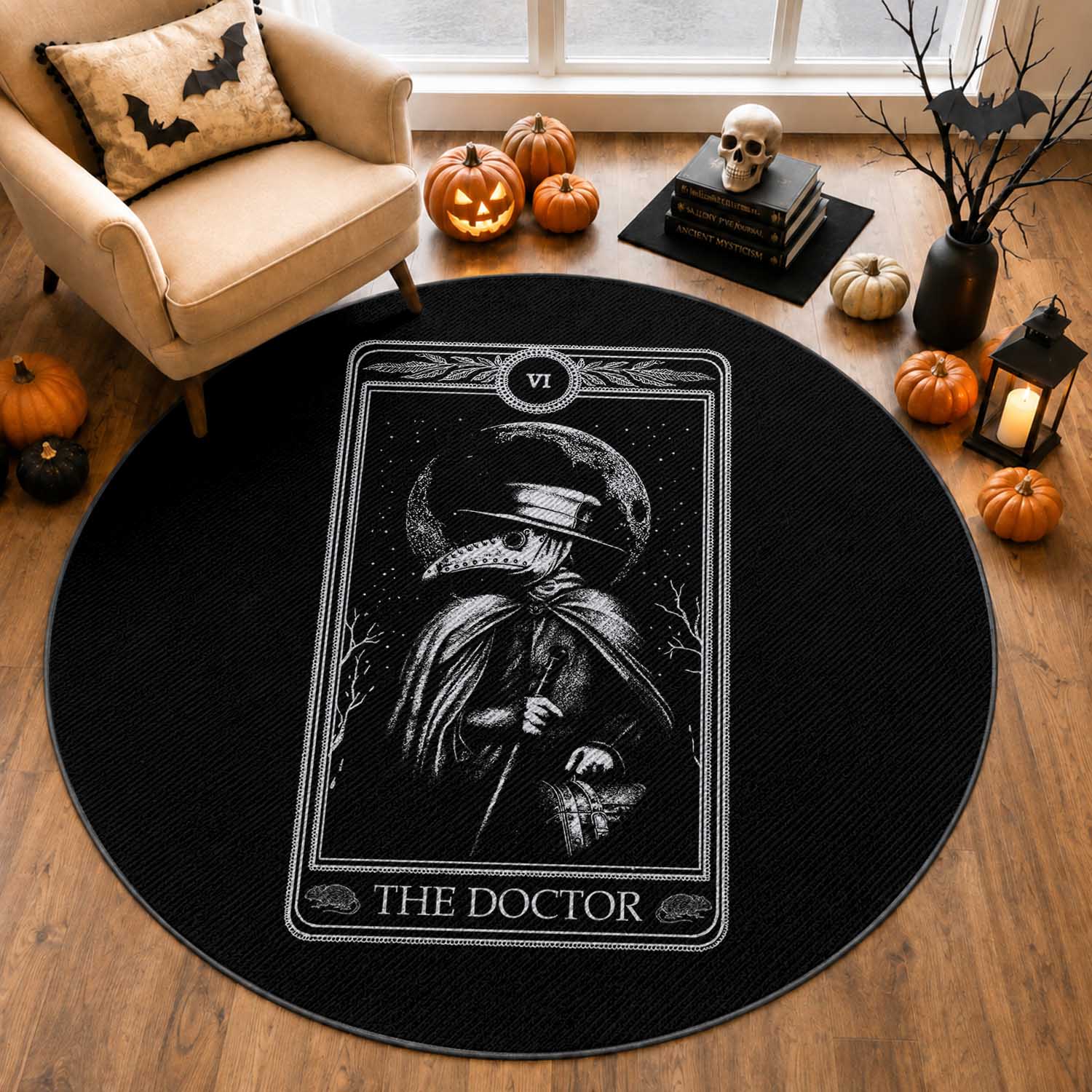 Plague Doctor Round Rug Tarot Card Horror Death Occult Satanic