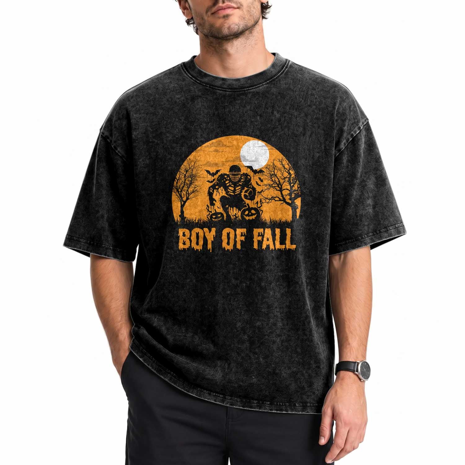 Funny Halloween Football Washed Cotton T-Shirt Boy Of Fall American Football Player Zombie Pumpkin Bat