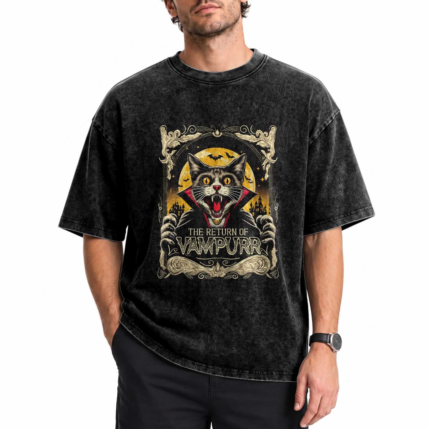 Funny Halloween Cat Washed Cotton T-Shirt The Return Of Vampurr Scary Vampire Moon Bat