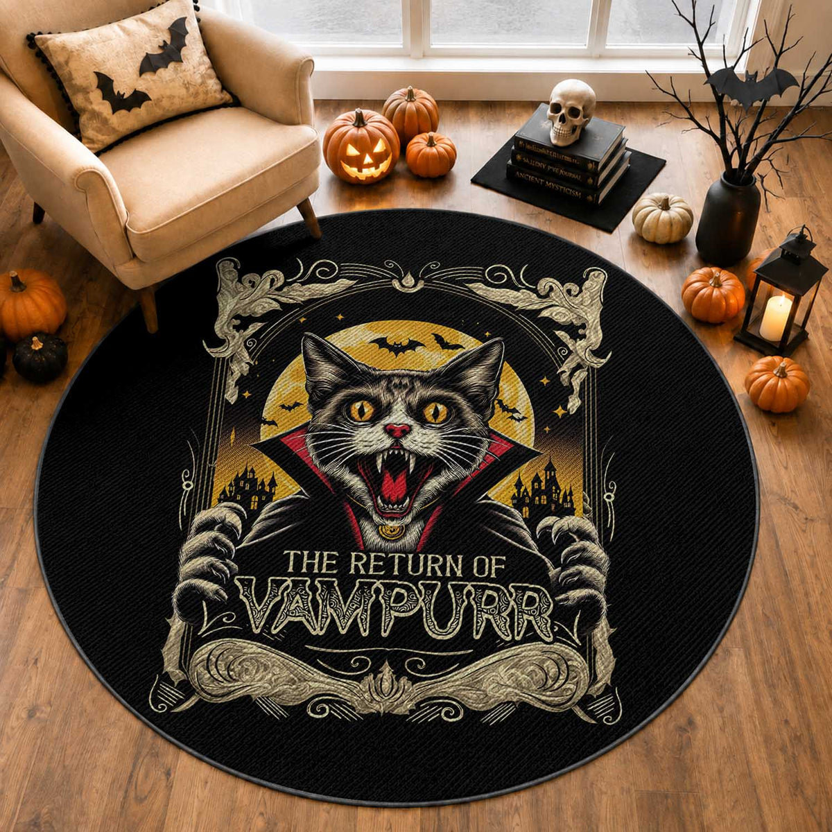 Funny Halloween Cat Round Rug The Return Of Vampurr Scary Vampire Moon Bat
