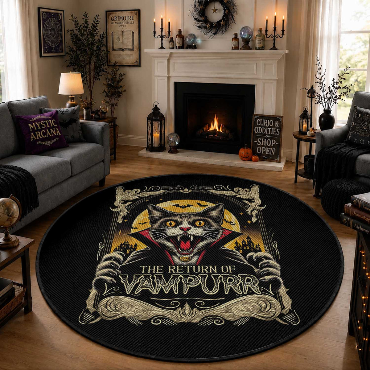 Funny Halloween Cat Round Rug The Return Of Vampurr Scary Vampire Moon Bat