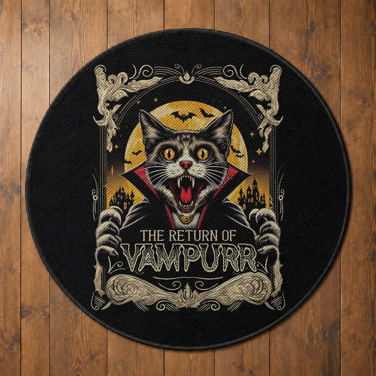 Funny Halloween Cat Round Rug The Return Of Vampurr Scary Vampire Moon Bat