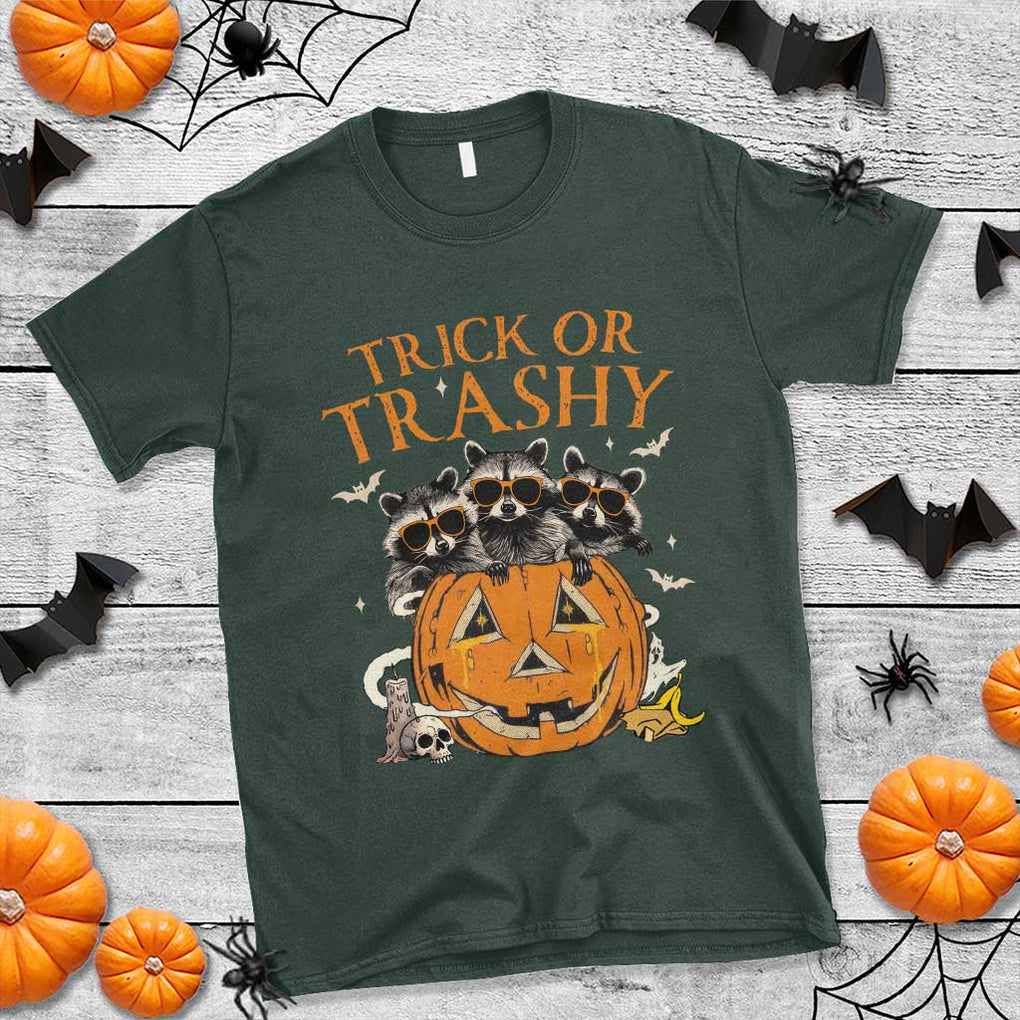 Funny Halloween T Shirt Trick Or Trashy Racoon Vintage Pumpkin Bat Trash TS11 Dark Forest Green Print Your Wear
