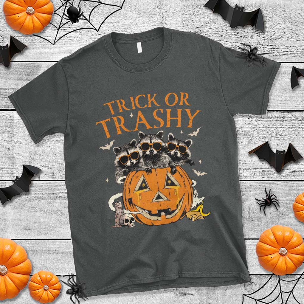 Funny Halloween T Shirt Trick Or Trashy Racoon Vintage Pumpkin Bat Trash TS11 Dark Heather Print Your Wear