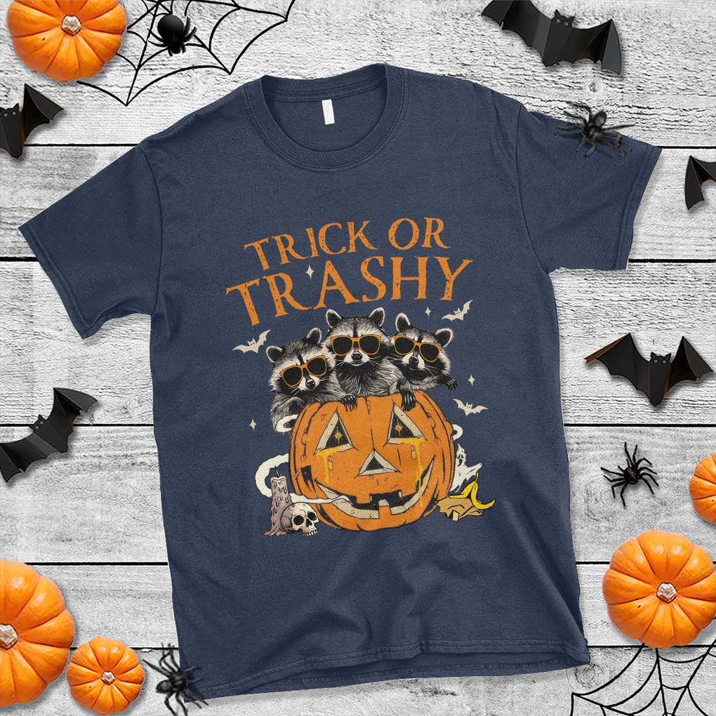 Funny Halloween T Shirt Trick Or Trashy Racoon Vintage Pumpkin Bat Trash TS11 Navy Print Your Wear