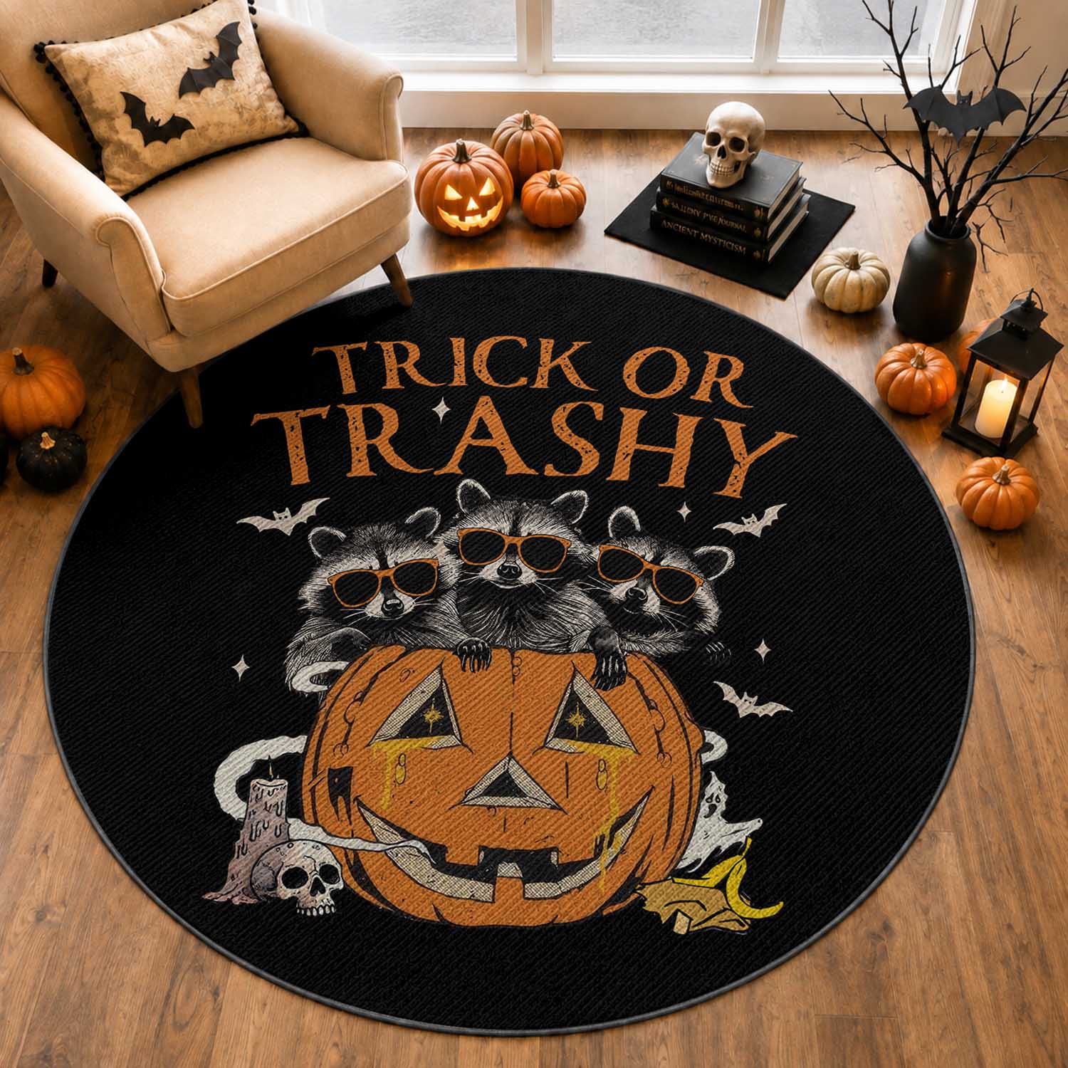 Funny Halloween Round Rug Trick Or Trashy Racoon Vintage Pumpkin Bat Trash