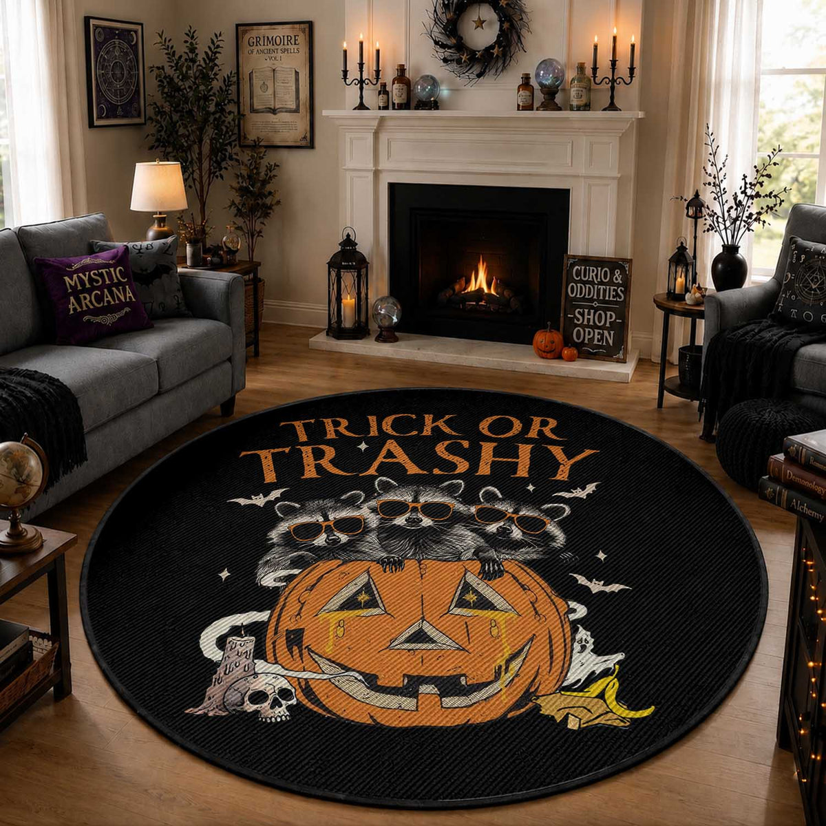 Funny Halloween Round Rug Trick Or Trashy Racoon Vintage Pumpkin Bat Trash