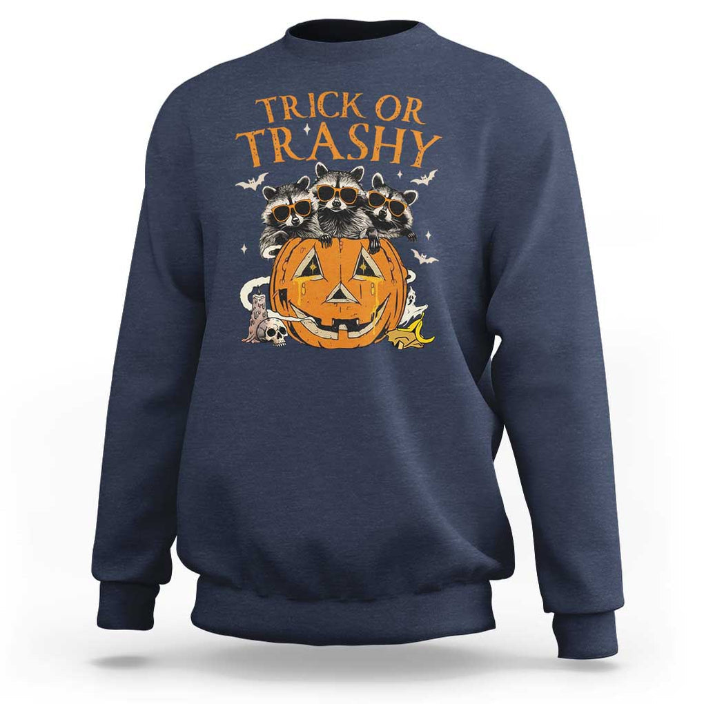 Funny Halloween Sweatshirt Trick Or Trashy Racoon Vintage Pumpkin Bat Trash TS11 Navy Print Your Wear