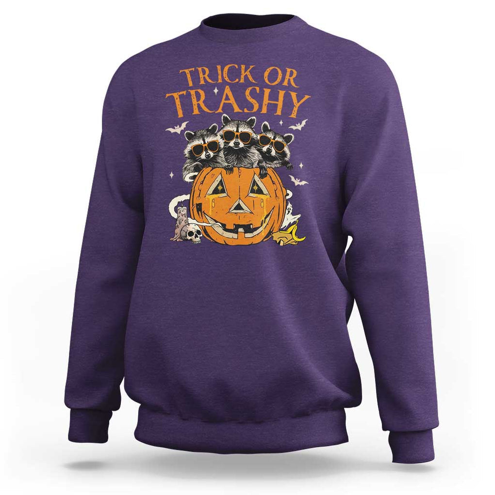Funny Halloween Sweatshirt Trick Or Trashy Racoon Vintage Pumpkin Bat Trash TS11 Purple Print Your Wear
