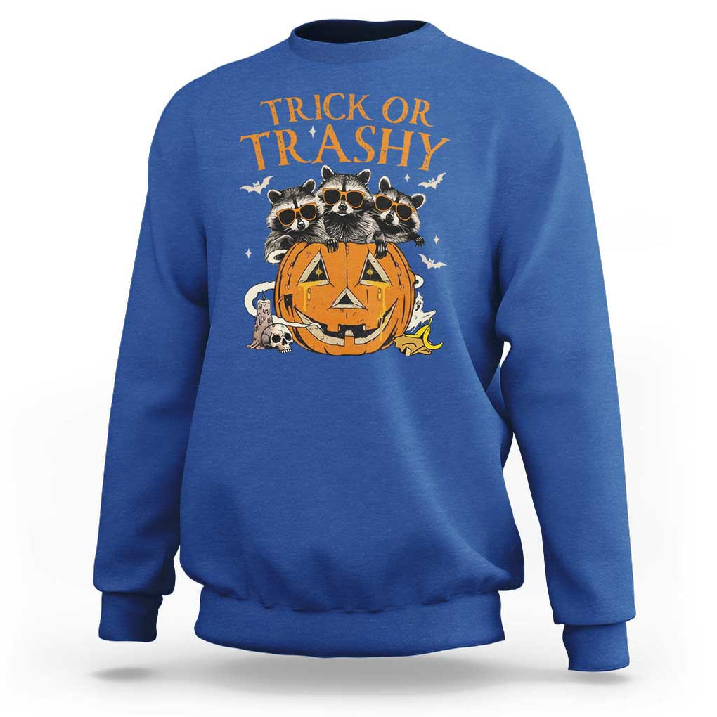 Funny Halloween Sweatshirt Trick Or Trashy Racoon Vintage Pumpkin Bat Trash TS11 Royal Blue Print Your Wear