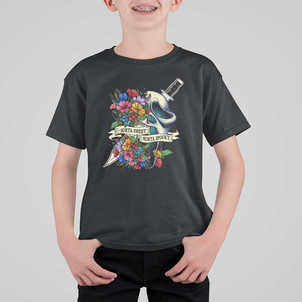 Funny Halloween T Shirt For Kid Sorta Sweet Sorta Spooky Ghost Flower Knife Murderer TS11 Black Print Your Wear