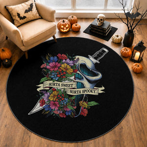 Funny Halloween Round Rug Sorta Sweet Sorta Spooky Ghost Flower Knife Murderer