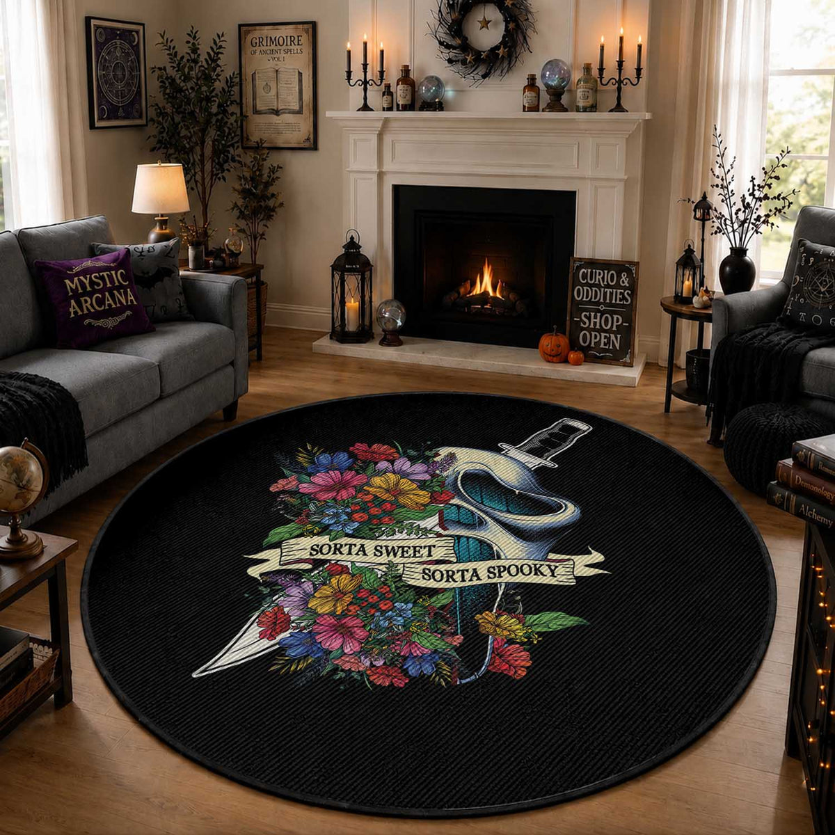 Funny Halloween Round Rug Sorta Sweet Sorta Spooky Ghost Flower Knife Murderer
