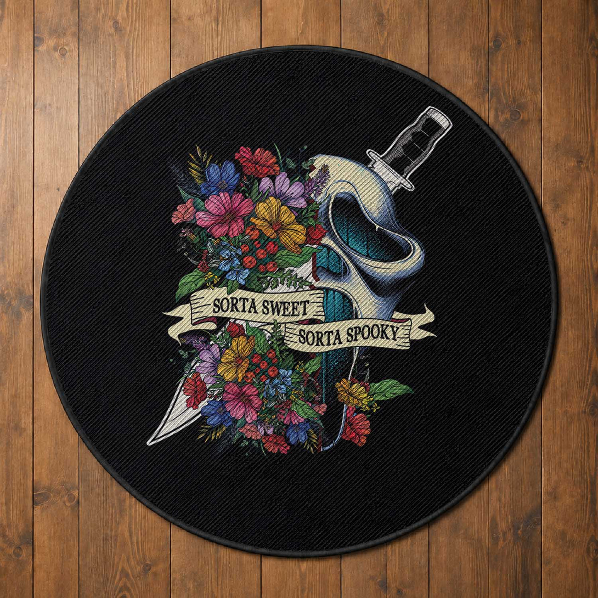 Funny Halloween Round Rug Sorta Sweet Sorta Spooky Ghost Flower Knife Murderer
