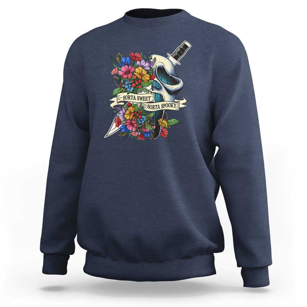 Funny Halloween Sweatshirt Sorta Sweet Sorta Spooky Ghost Flower Knife Murderer TS11 Navy Print Your Wear
