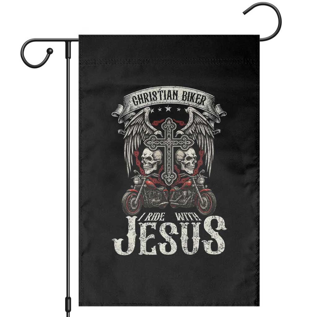 Christian Biker I Ride With Jesus Garden Flag Religious Faith Motorcycle Rider Skull TS11 Black Print Your Wear