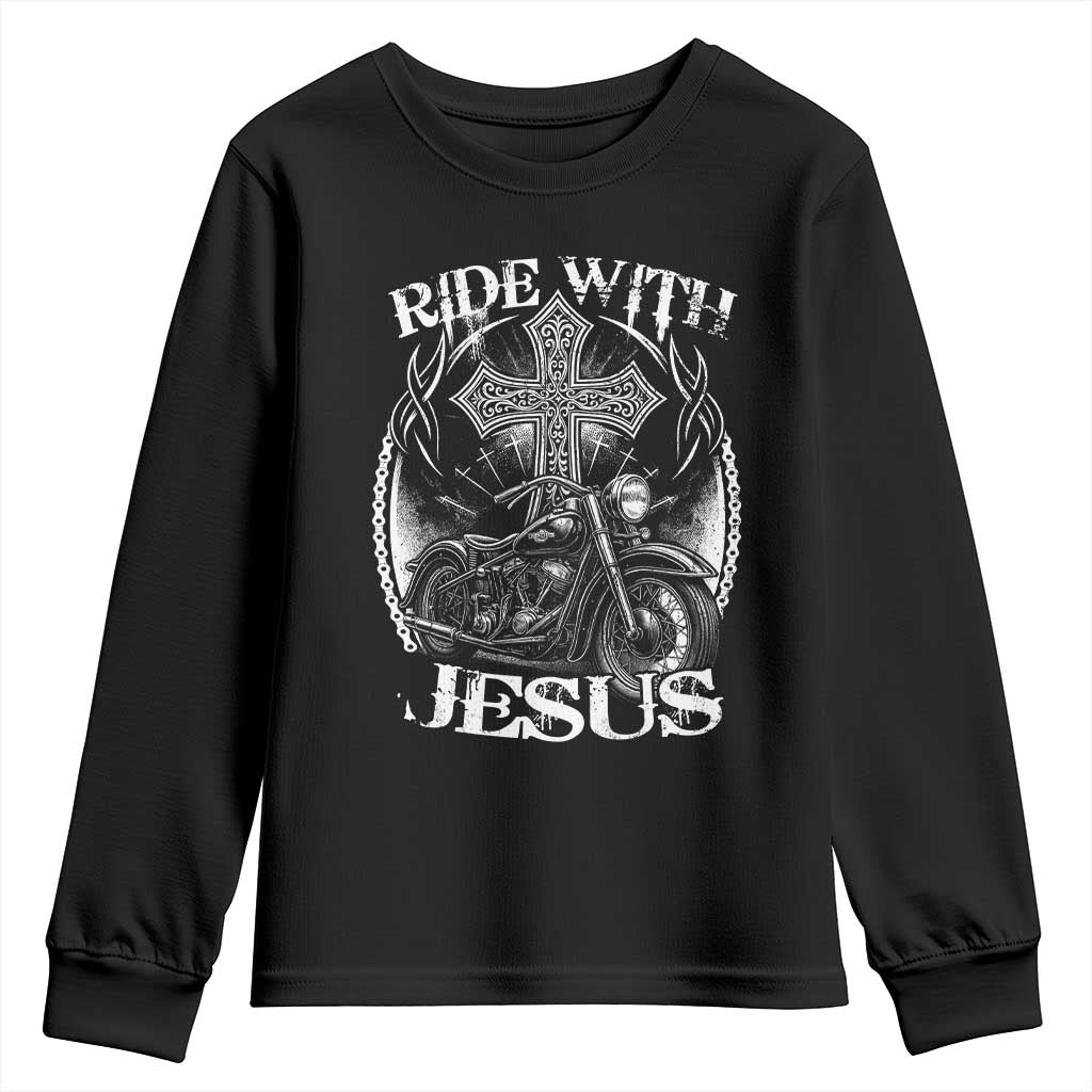 Christian Biker Youth Sweatshirt Ride With Jesus Religious Faith Motorcycle Rider TS11 Black Print Your Wear
