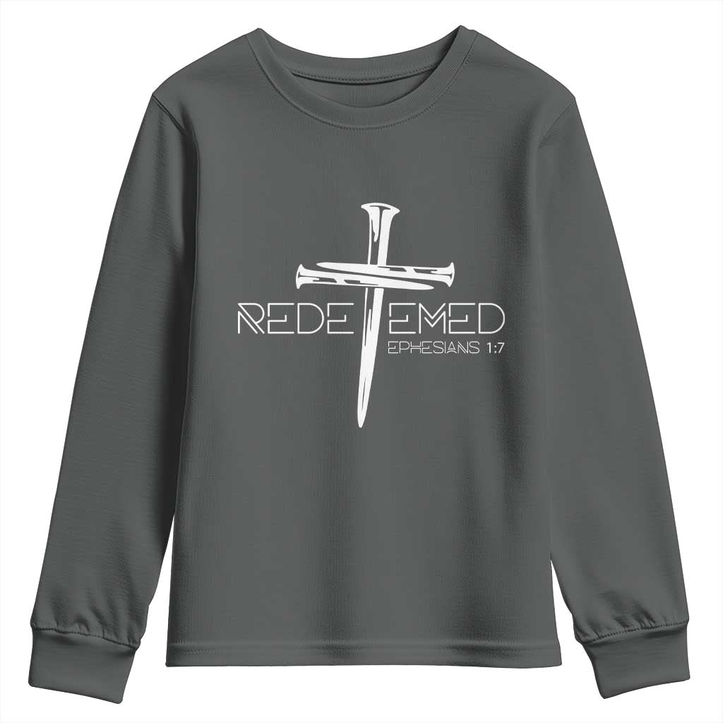 Redeemed Christian Vintage Ephesians Bible Verse Redemption Youth Sweatshirt TS11 Dark Heather Print Your Wear