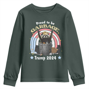 Funny Trump Garbage Racoon Youth Sweatshirt Proud To Be Garbage Trump 2024 American Flag TS11 Dark Forest Green Print Your Wear