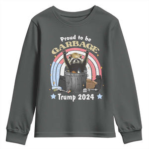 Funny Trump Garbage Racoon Youth Sweatshirt Proud To Be Garbage Trump 2024 American Flag TS11 Dark Heather Print Your Wear