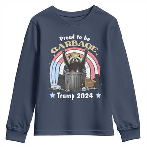 Funny Trump Garbage Racoon Youth Sweatshirt Proud To Be Garbage Trump 2024 American Flag TS11 Navy Print Your Wear