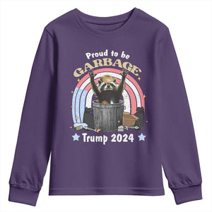 Funny Trump Garbage Racoon Youth Sweatshirt Proud To Be Garbage Trump 2024 American Flag TS11 Purple Print Your Wear