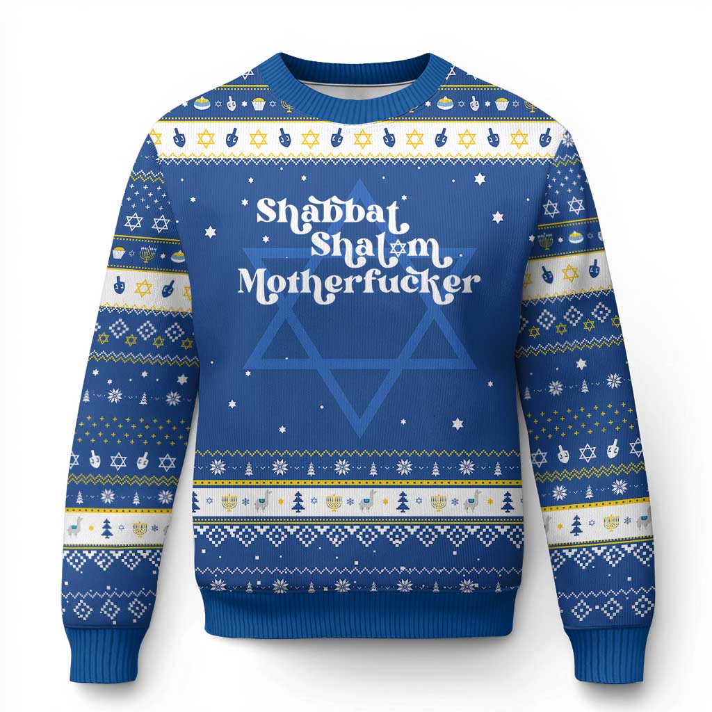 Funny Shabbat Shalom Motherfucker Hanukkah Ugly Sweater Jewish Kosher TS11 Blue White Print Your Wear