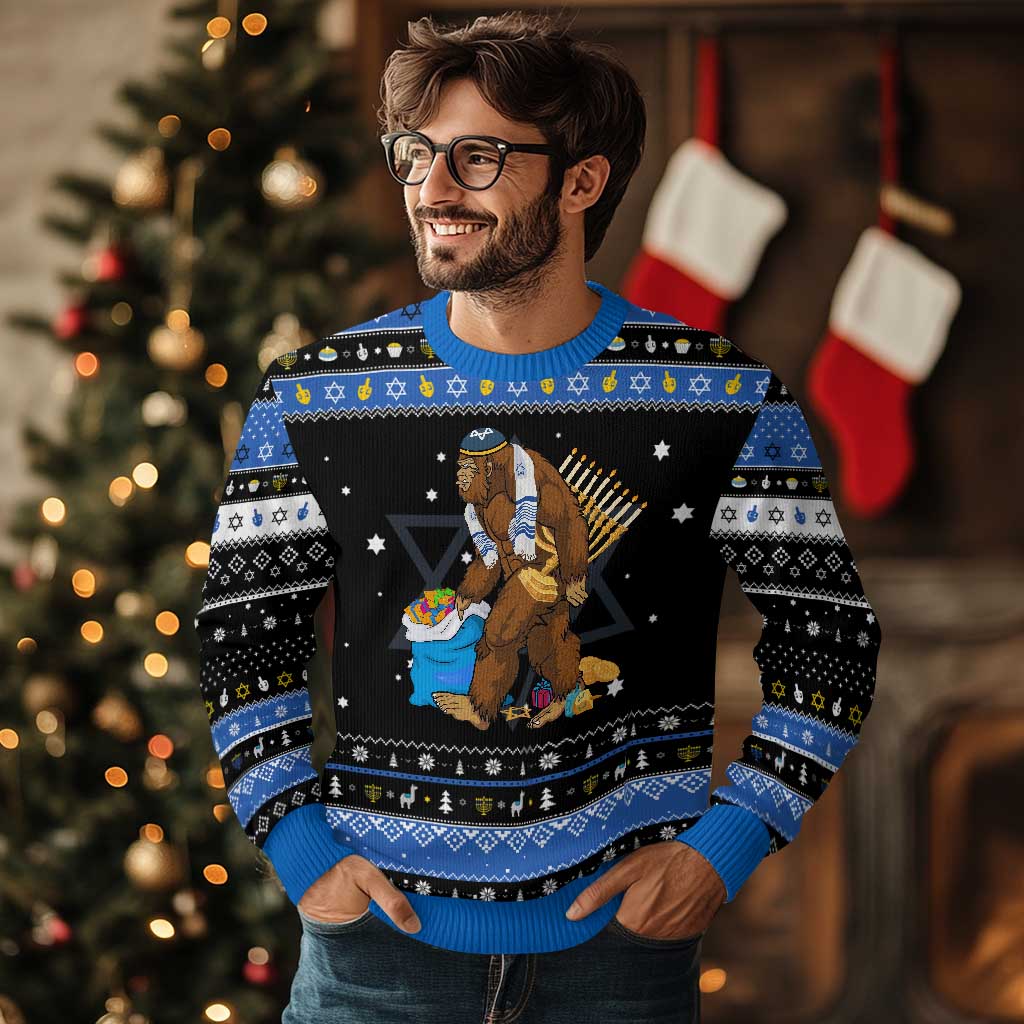 Funny Chanukah Bigfoot Menorah David Stars Hanukkah Ugly Sweater TS11 Black Blue Print Your Wear