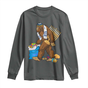 Funny Hanukkah Bigfoot Menorah David Stars Long Sleeve Shirt TS11 Dark Heather Print Your Wear