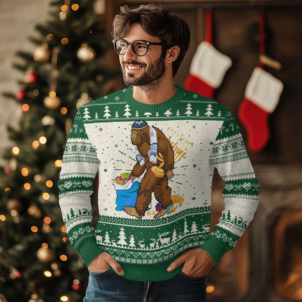Funny Hanukkah Bigfoot Menorah David Stars Ugly Christmas Sweater TS11 Green Print Your Wear