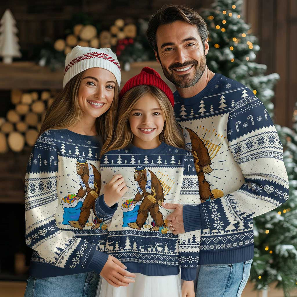 Funny Hanukkah Bigfoot Menorah David Stars Ugly Christmas Sweater TS11 Navy Print Your Wear