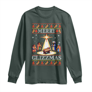 Funny Merry Glizzmas Long Sleeve Shirt Hot Dog Christmas Nativity Scene TS11 Dark Forest Green Print Your Wear