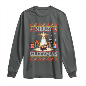 Funny Merry Glizzmas Long Sleeve Shirt Hot Dog Christmas Nativity Scene TS11 Dark Heather Print Your Wear